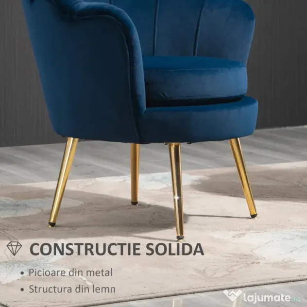 HOMCOM Fotoliu Vintage cu Design din Catifea Albastra Fotoliu de Dormitor cu Spatar Inalt 75x63x73cm | Aosom Romania