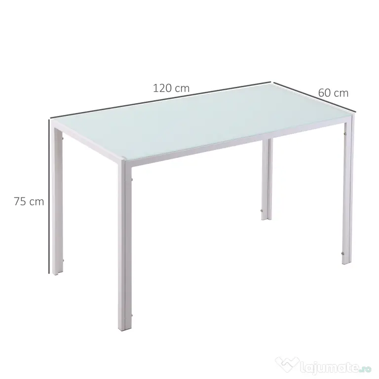 HOMCOM Masă Dreptunghiulară pentru 4 Persoane din Metal și Sticlă Securizată, 120x60x75 cm, Alb | Aosom Romania