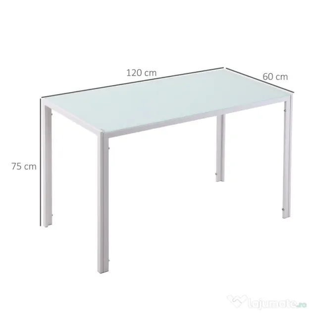HOMCOM Masă Dreptunghiulară pentru 4 Persoane din Metal și Sticlă Securizată, 120x60x75 cm, Alb | Aosom Romania