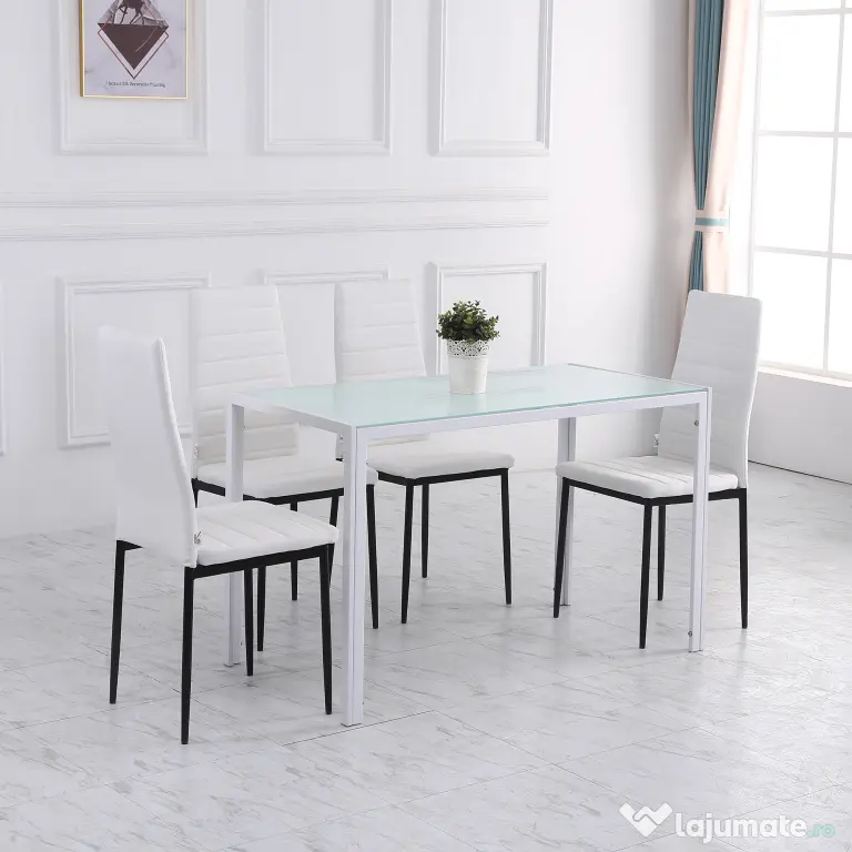 HOMCOM Masă Dreptunghiulară pentru 4 Persoane din Metal și Sticlă Securizată, 120x60x75 cm, Alb | Aosom Romania