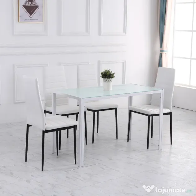 HOMCOM Masă Dreptunghiulară pentru 4 Persoane din Metal și Sticlă Securizată, 120x60x75 cm, Alb | Aosom Romania
