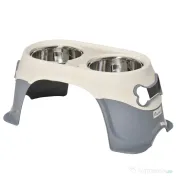 PawHut Bol Dublu Ridicat pentru Alimentarea Animalelor de Companie, Material PP, Design Modern Alb și Gri, 47x25x20cm | Aosom Romania