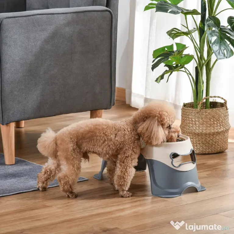 PawHut Bol Dublu Ridicat pentru Alimentarea Animalelor de Companie, Material PP, Design Modern Alb și Gri, 47x25x20cm | Aosom Romania