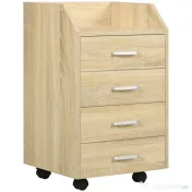 Vinsetto Fiset pentru Birou din Lemn cu 4 Sertare, Dulap pentru Birou cu Roti si Margini Inaltate, 40x36x65cm, Lemn Natur 