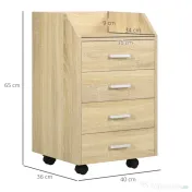 Vinsetto Fiset pentru Birou din Lemn cu 4 Sertare, Dulap pentru Birou cu Roti si Margini Inaltate, 40x36x65cm, Lemn Natur 