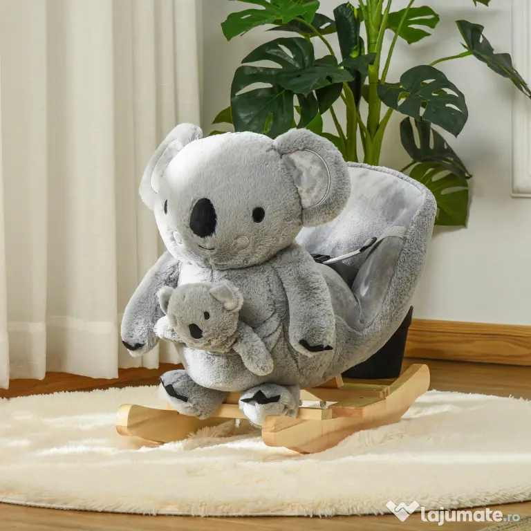 HOMCOM Koala Balansoar cu Sunete, Leagăn de Pluș și Lemn pentru Copii 18-36 Luni, Gri, 60x33x50cm | Aosom Romania