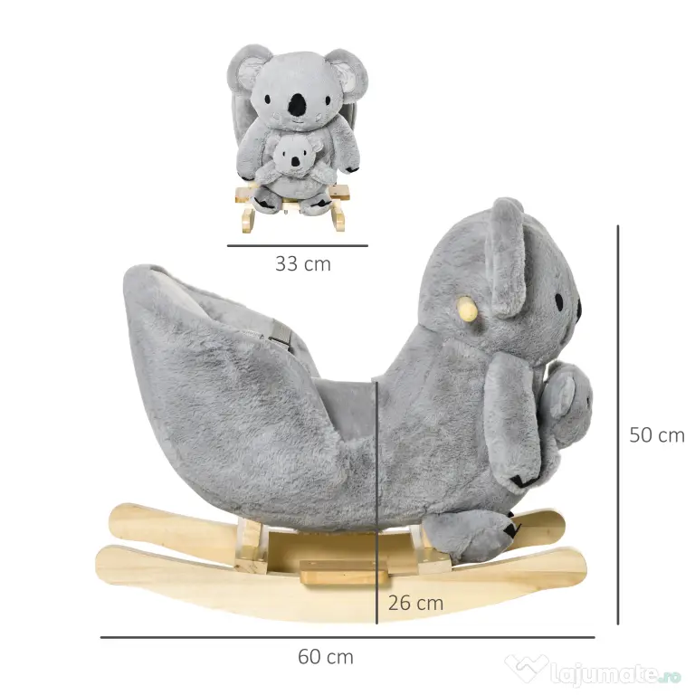 HOMCOM Koala Balansoar cu Sunete, Leagăn de Pluș și Lemn pentru Copii 18-36 Luni, Gri, 60x33x50cm | Aosom Romania