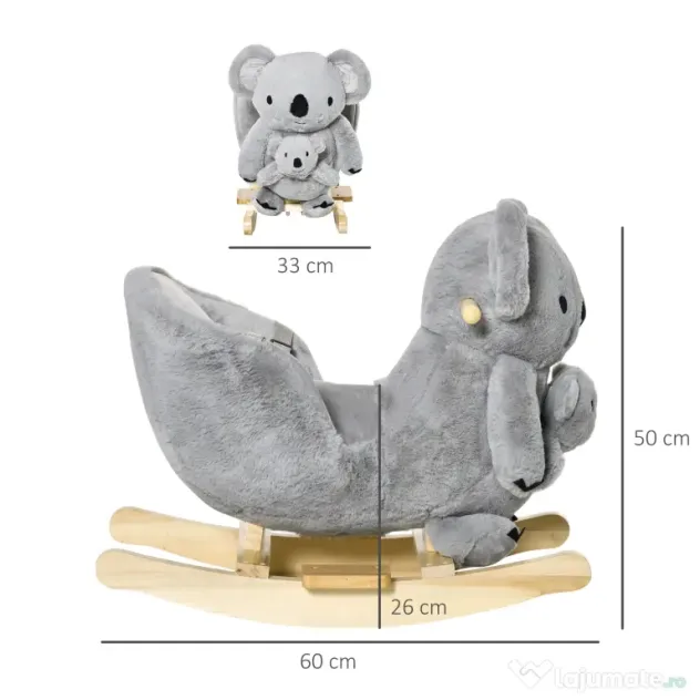 HOMCOM Koala Balansoar cu Sunete, Leagăn de Pluș și Lemn pentru Copii 18-36 Luni, Gri, 60x33x50cm | Aosom Romania