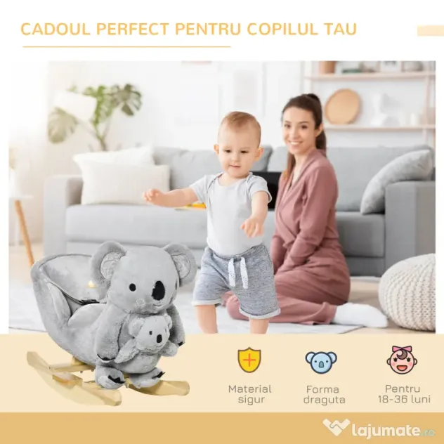 HOMCOM Koala Balansoar cu Sunete, Leagăn de Pluș și Lemn pentru Copii 18-36 Luni, Gri, 60x33x50cm | Aosom Romania