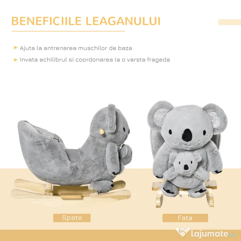 HOMCOM Koala Balansoar cu Sunete, Leagăn de Pluș și Lemn pentru Copii 18-36 Luni, Gri, 60x33x50cm | Aosom Romania
