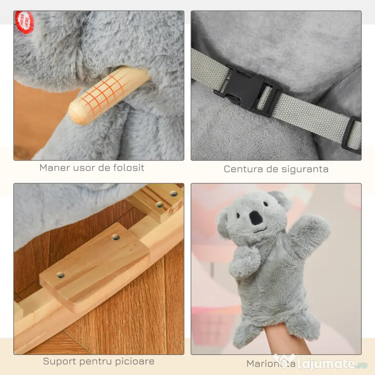 HOMCOM Koala Balansoar cu Sunete, Leagăn de Pluș și Lemn pentru Copii 18-36 Luni, Gri, 60x33x50cm | Aosom Romania