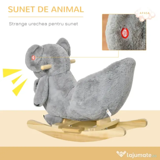 HOMCOM Koala Balansoar cu Sunete, Leagăn de Pluș și Lemn pentru Copii 18-36 Luni, Gri, 60x33x50cm | Aosom Romania