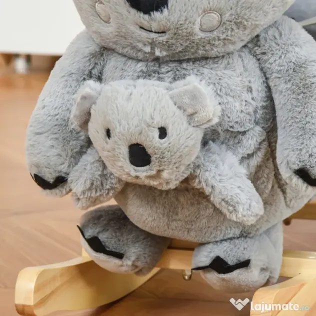 HOMCOM Koala Balansoar cu Sunete, Leagăn de Pluș și Lemn pentru Copii 18-36 Luni, Gri, 60x33x50cm | Aosom Romania
