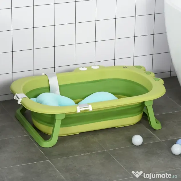 HOMCOM Cadă Pliabilă cu Suport Ajustabil Antiderapant, 80x53.9x20.8cm, Albastru Deschis/Verde, pentru Bebeluși 0-3 Ani | Aosom Romania