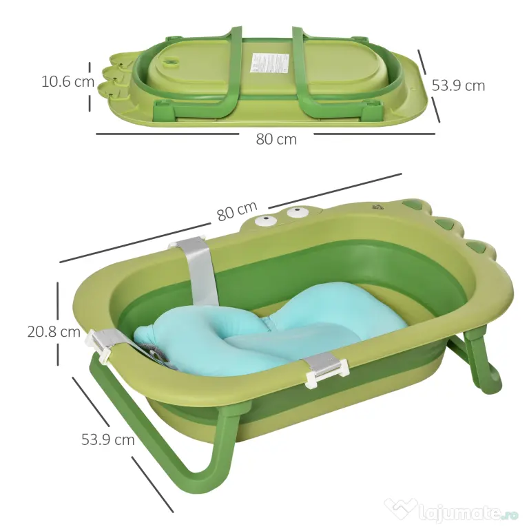 HOMCOM Cadă Pliabilă cu Suport Ajustabil Antiderapant, 80x53.9x20.8cm, Albastru Deschis/Verde, pentru Bebeluși 0-3 Ani | Aosom Romania