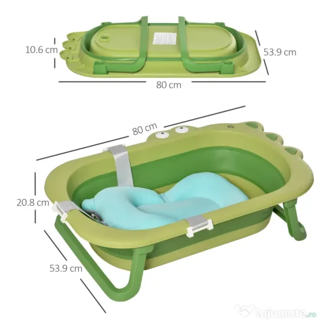 HOMCOM Cadă Pliabilă cu Suport Ajustabil Antiderapant, 80x53.9x20.8cm, Albastru Deschis/Verde, pentru Bebeluși 0-3 Ani | Aosom Romania