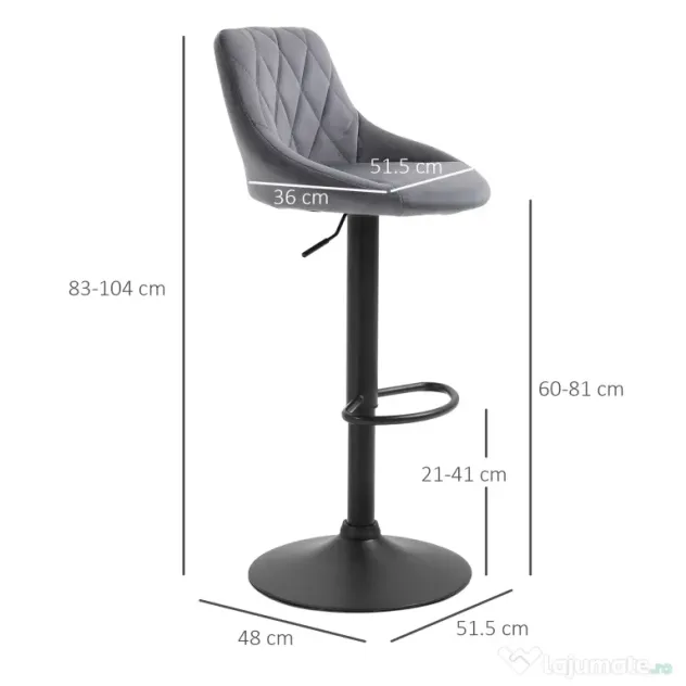 HOMCOM Scaun bar Reglabile in Inaltime cu Spatar, Greutate Suportata 120kg,51.5x48x83-104cm, gri | Aosom Romania