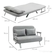 HOMCOM Canapea Pat de 2 Locuri cu Spătar Reglabil pe 5 Nivele, Canapea Pat Pliabilă cu 2 Perne, 105x80x78 cm, Gri Deschis