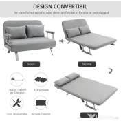 HOMCOM Canapea Pat de 2 Locuri cu Spătar Reglabil pe 5 Nivele, Canapea Pat Pliabilă cu 2 Perne, 105x80x78 cm, Gri Deschis