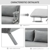 HOMCOM Canapea Pat de 2 Locuri cu Spătar Reglabil pe 5 Nivele, Canapea Pat Pliabilă cu 2 Perne, 105x80x78 cm, Gri Deschis