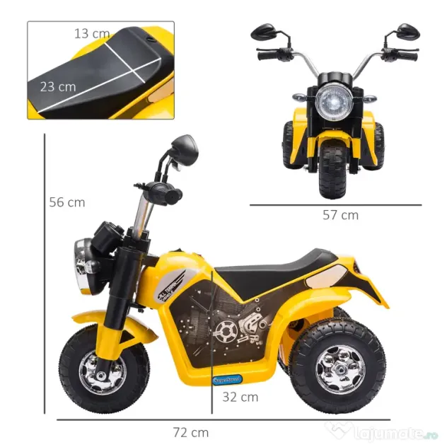 HOMCOM Motocicletă Electrică cu 3 Roti Galben, Lumini și Sunete, pentru Copii 18-36 Luni, Baterie 6V | Aosom Romania