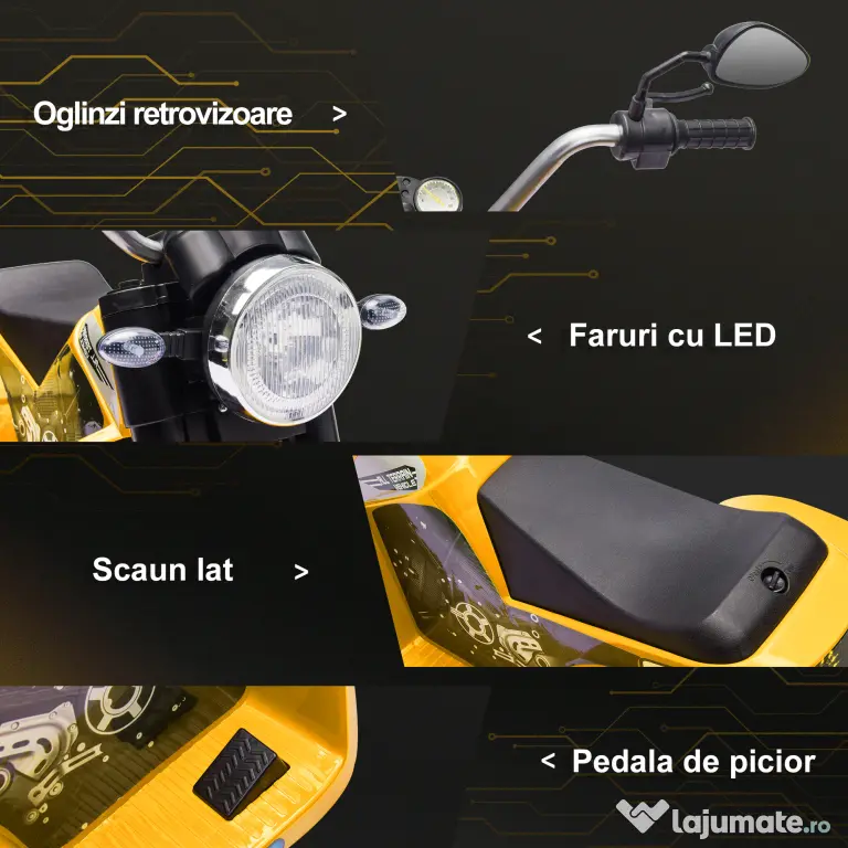 HOMCOM Motocicletă Electrică cu 3 Roti Galben, Lumini și Sunete, pentru Copii 18-36 Luni, Baterie 6V | Aosom Romania