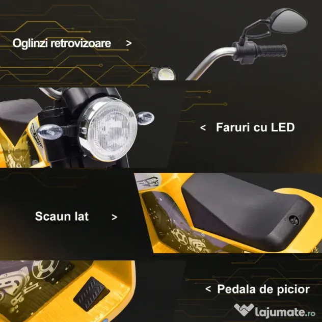 HOMCOM Motocicletă Electrică cu 3 Roti Galben, Lumini și Sunete, pentru Copii 18-36 Luni, Baterie 6V | Aosom Romania
