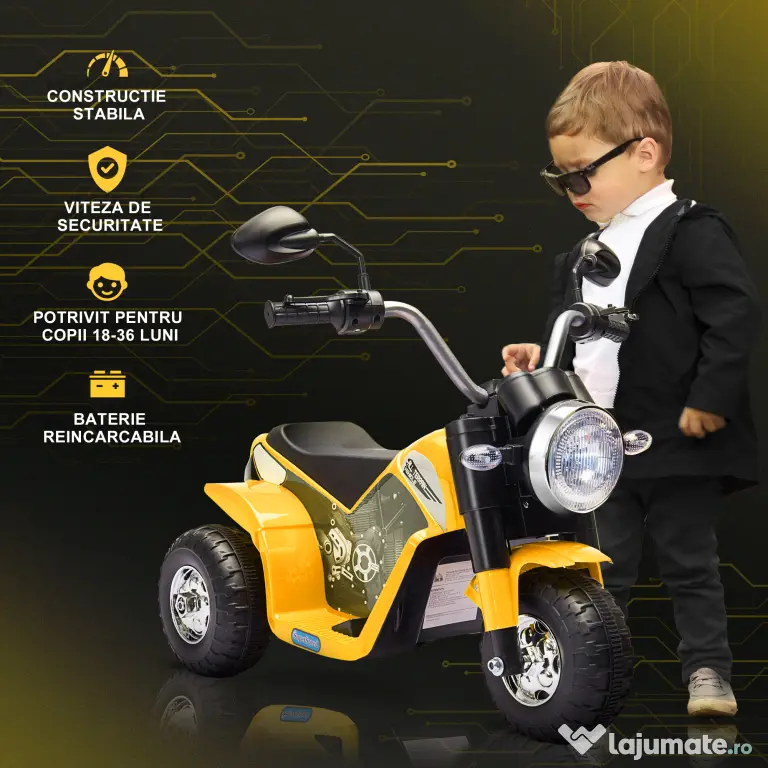 HOMCOM Motocicletă Electrică cu 3 Roti Galben, Lumini și Sunete, pentru Copii 18-36 Luni, Baterie 6V | Aosom Romania