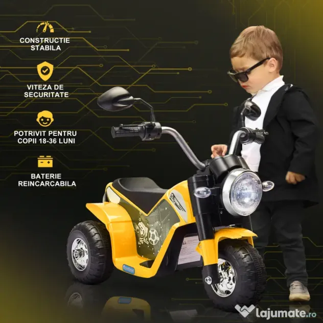 HOMCOM Motocicletă Electrică cu 3 Roti Galben, Lumini și Sunete, pentru Copii 18-36 Luni, Baterie 6V | Aosom Romania