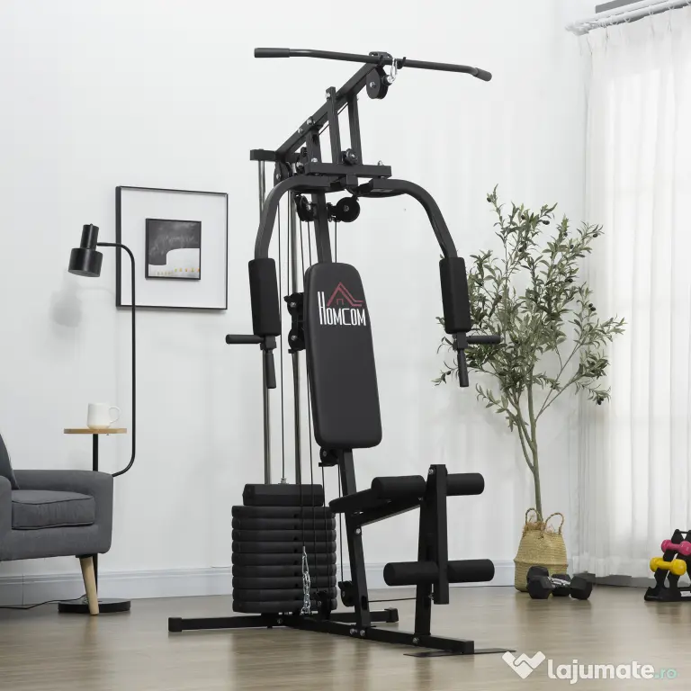 HOMCOM Statiune fitness cu greutati de 45kg pentru antrenament profesional la tine acasa, din otel, 135x103x210cm, Negru | Aosom Romania