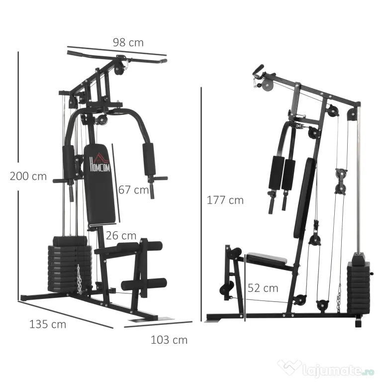 HOMCOM Statiune fitness cu greutati de 45kg pentru antrenament profesional la tine acasa, din otel, 135x103x210cm, Negru | Aosom Romania