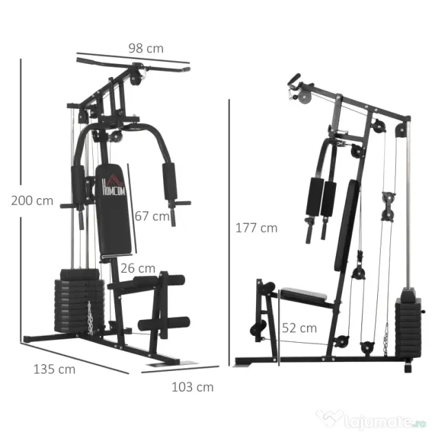 HOMCOM Statiune fitness cu greutati de 45kg pentru antrenament profesional la tine acasa, din otel, 135x103x210cm, Negru | Aosom Romania