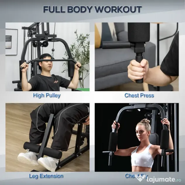 HOMCOM Statiune fitness cu greutati de 45kg pentru antrenament profesional la tine acasa, din otel, 135x103x210cm, Negru | Aosom Romania