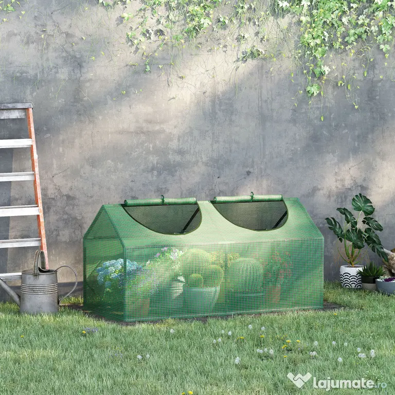 Outsunny Seră de Grădină Tip Cabană cu Acoperiș din PE, Seră pentru Grădină cu Țăruși și Margini Extinse, 120x60x60 cm, Verde | Aosom Romania