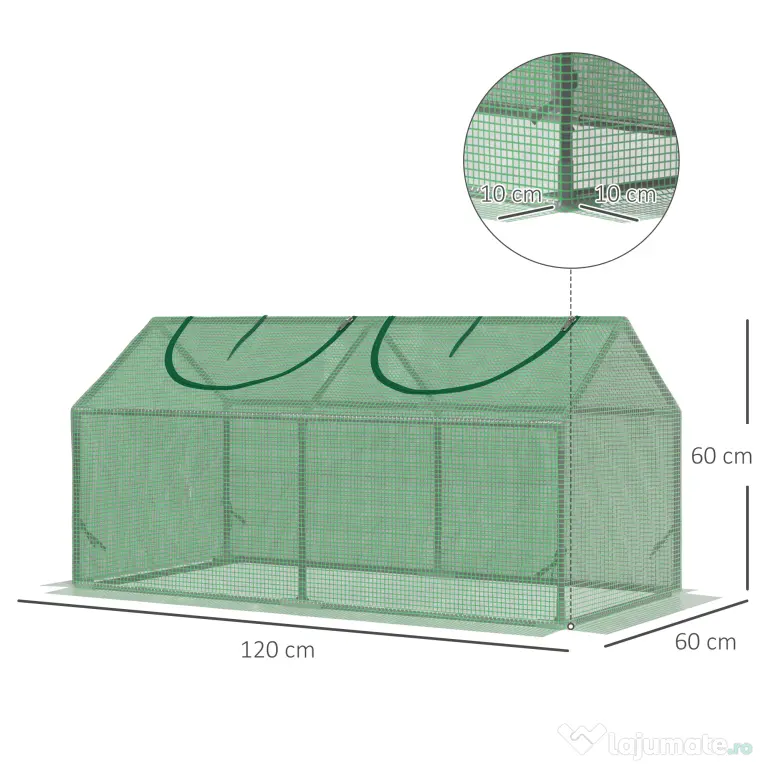 Outsunny Seră de Grădină Tip Cabană cu Acoperiș din PE, Seră pentru Grădină cu Țăruși și Margini Extinse, 120x60x60 cm, Verde | Aosom Romania