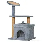 PawHut Arbore de zgariat pentru Pisici cu Stalpi din Franghie de Iuta, Casuta si Perna pentru Pisici, Husa din Plus, Inaltime 84 cm - Gri