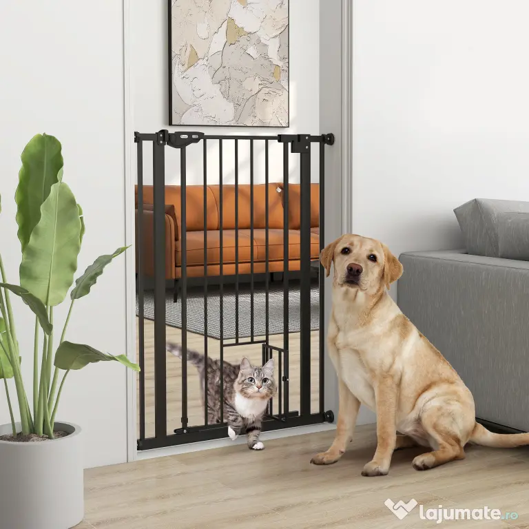 PawHut Poartă Reglabilă pentru Câini cu Ușă Mică și Montare prin Presiune, 74-80x104.1 cm, Negru | Aosom Romania