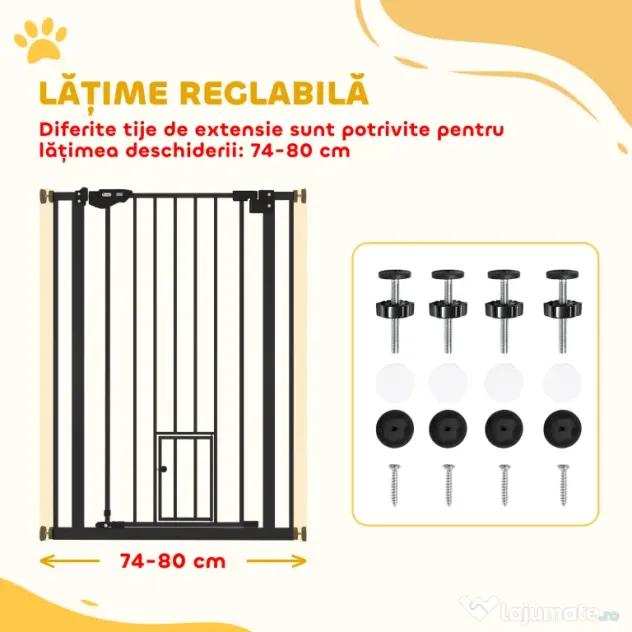 PawHut Poartă Reglabilă pentru Câini cu Ușă Mică și Montare prin Presiune, 74-80x104.1 cm, Negru | Aosom Romania