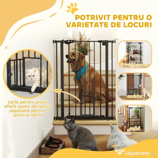 PawHut Poartă Reglabilă pentru Câini cu Ușă Mică și Montare prin Presiune, 74-80x104.1 cm, Negru | Aosom Romania