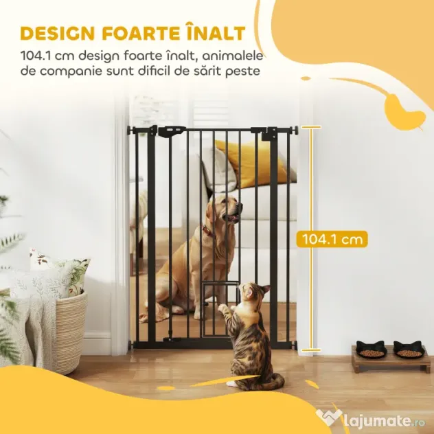 PawHut Poartă Reglabilă pentru Câini cu Ușă Mică și Montare prin Presiune, 74-80x104.1 cm, Negru | Aosom Romania