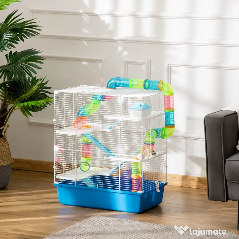 PawHut Cuștă pentru Hamsteri cu 5 Nivele, Tuburi, Căsuță, Rezervor de Apă, Rampe și Roată, 59x36x69 cm, Albastră | Aosom Romania