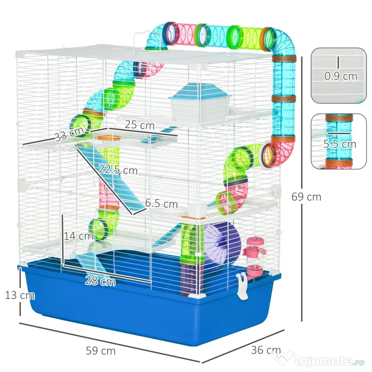 PawHut Cuștă pentru Hamsteri cu 5 Nivele, Tuburi, Căsuță, Rezervor de Apă, Rampe și Roată, 59x36x69 cm, Albastră | Aosom Romania