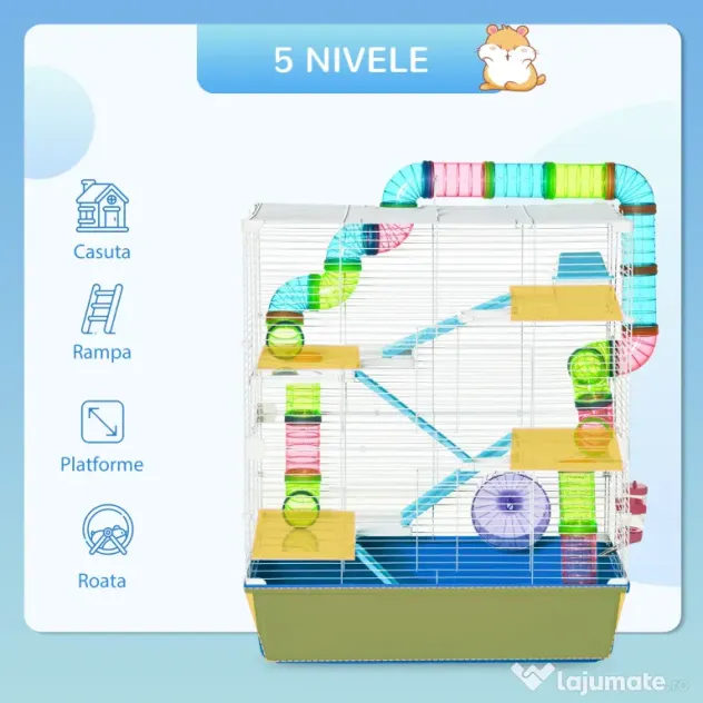 PawHut Cuștă pentru Hamsteri cu 5 Nivele, Tuburi, Căsuță, Rezervor de Apă, Rampe și Roată, 59x36x69 cm, Albastră | Aosom Romania