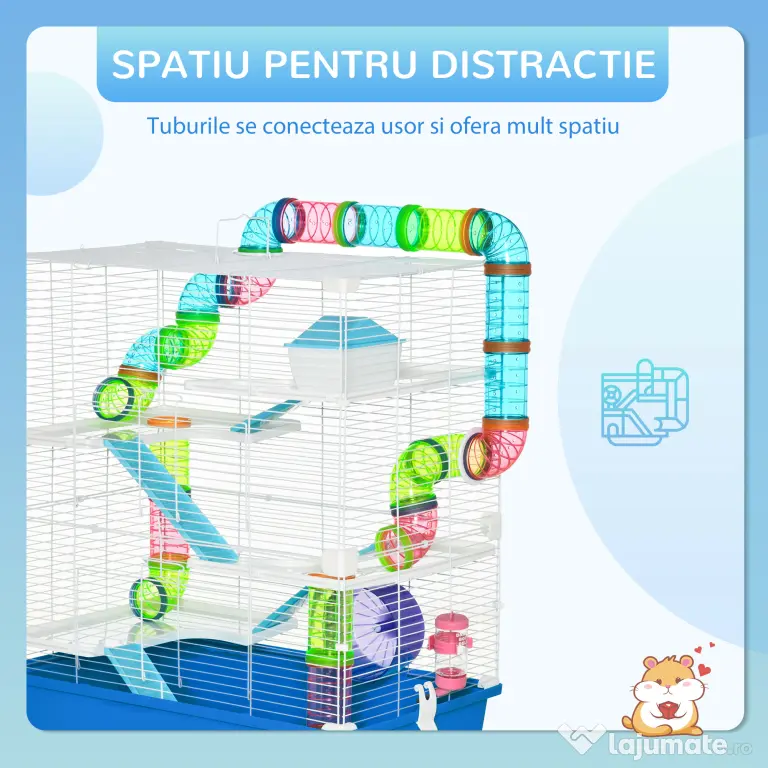 PawHut Cuștă pentru Hamsteri cu 5 Nivele, Tuburi, Căsuță, Rezervor de Apă, Rampe și Roată, 59x36x69 cm, Albastră | Aosom Romania