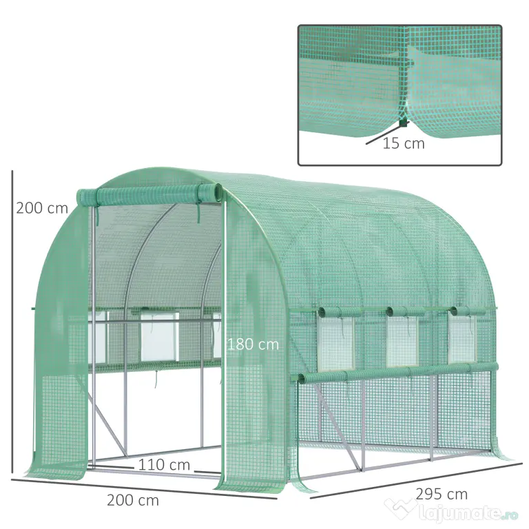 Outsunny Sera de Grădină Tip Tunel 3x2x2 m cu Ușă Rulabilă și 6 Ferestre cu Plasă, Sera pentru Grădină cu Structură din Oțel și Acoperire PE, pentru Legume, Flori, Fructe, Anti UV, Verde | Aosom Romania