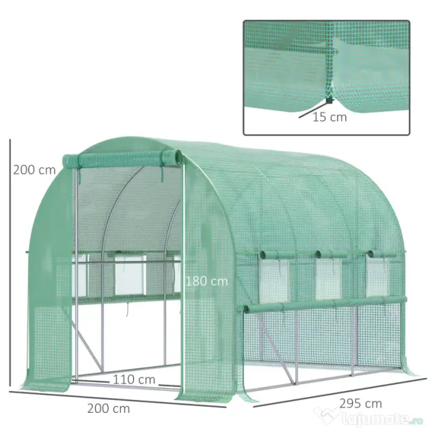 Outsunny Sera de Grădină Tip Tunel 3x2x2 m cu Ușă Rulabilă și 6 Ferestre cu Plasă, Sera pentru Grădină cu Structură din Oțel și Acoperire PE, pentru Legume, Flori, Fructe, Anti UV, Verde | Aosom Romania