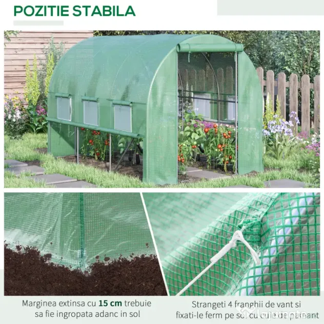 Outsunny Sera de Grădină Tip Tunel 3x2x2 m cu Ușă Rulabilă și 6 Ferestre cu Plasă, Sera pentru Grădină cu Structură din Oțel și Acoperire PE, pentru Legume, Flori, Fructe, Anti UV, Verde | Aosom Romania
