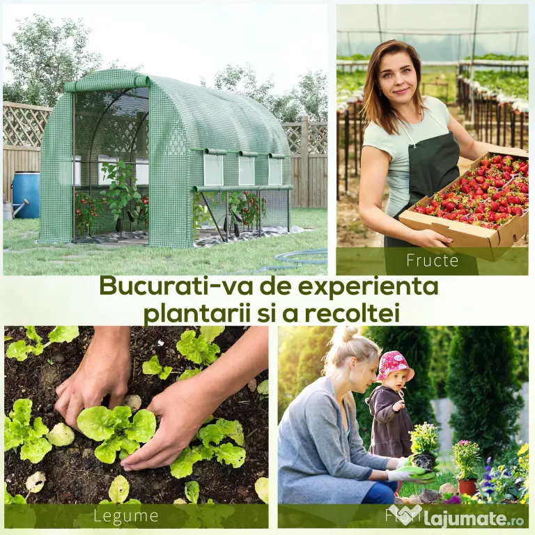 Outsunny Sera de Grădină Tip Tunel 3x2x2 m cu Ușă Rulabilă și 6 Ferestre cu Plasă, Sera pentru Grădină cu Structură din Oțel și Acoperire PE, pentru Legume, Flori, Fructe, Anti UV, Verde | Aosom Romania