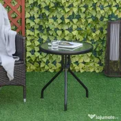 Outsunny Masuta de Gradina Rotunda Outsunny cu Etajera din Sticla si Structura Metalica, Φ50x55cm, Negru 