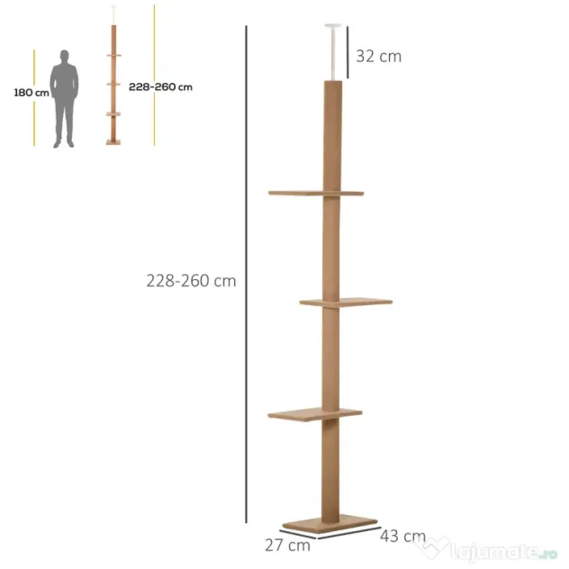 PawHut Coloană de Zgâriat Reglabilă pe 4 Nivele, Tapițată, 43x27x228-260cm, Gri | Aosom Romania